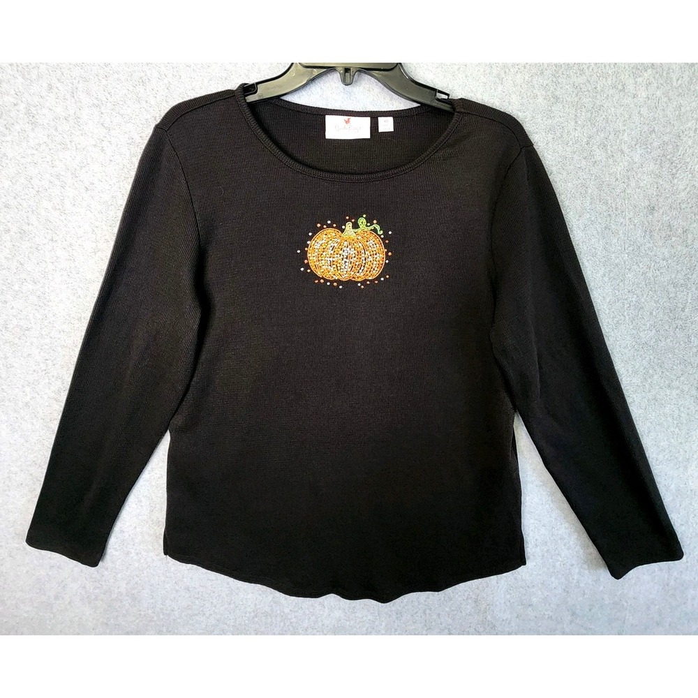 Quacker Factory Top Size XS Black Rhinestones Pumpkin Waffle Knit Long Sleeve